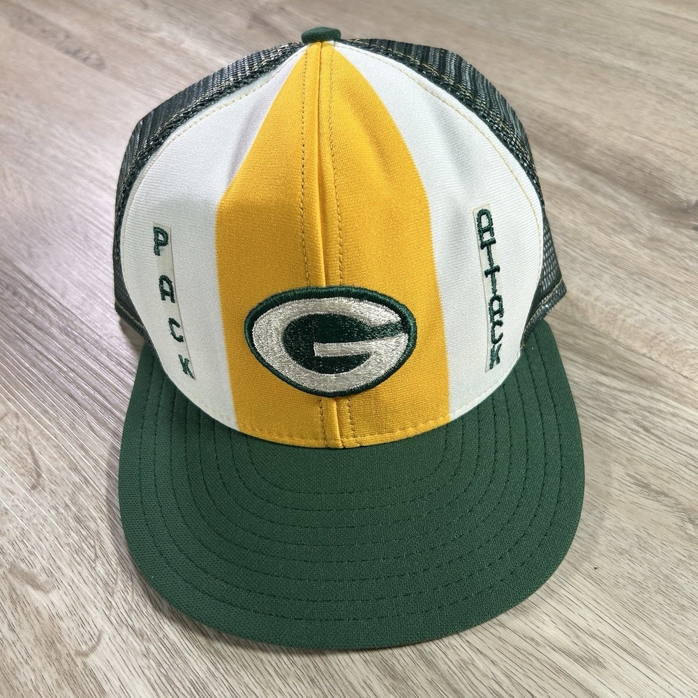 VTG Green Bay‎ Packers Snapback Hat NFL AJD Stripe Trucker Cap Made in USA